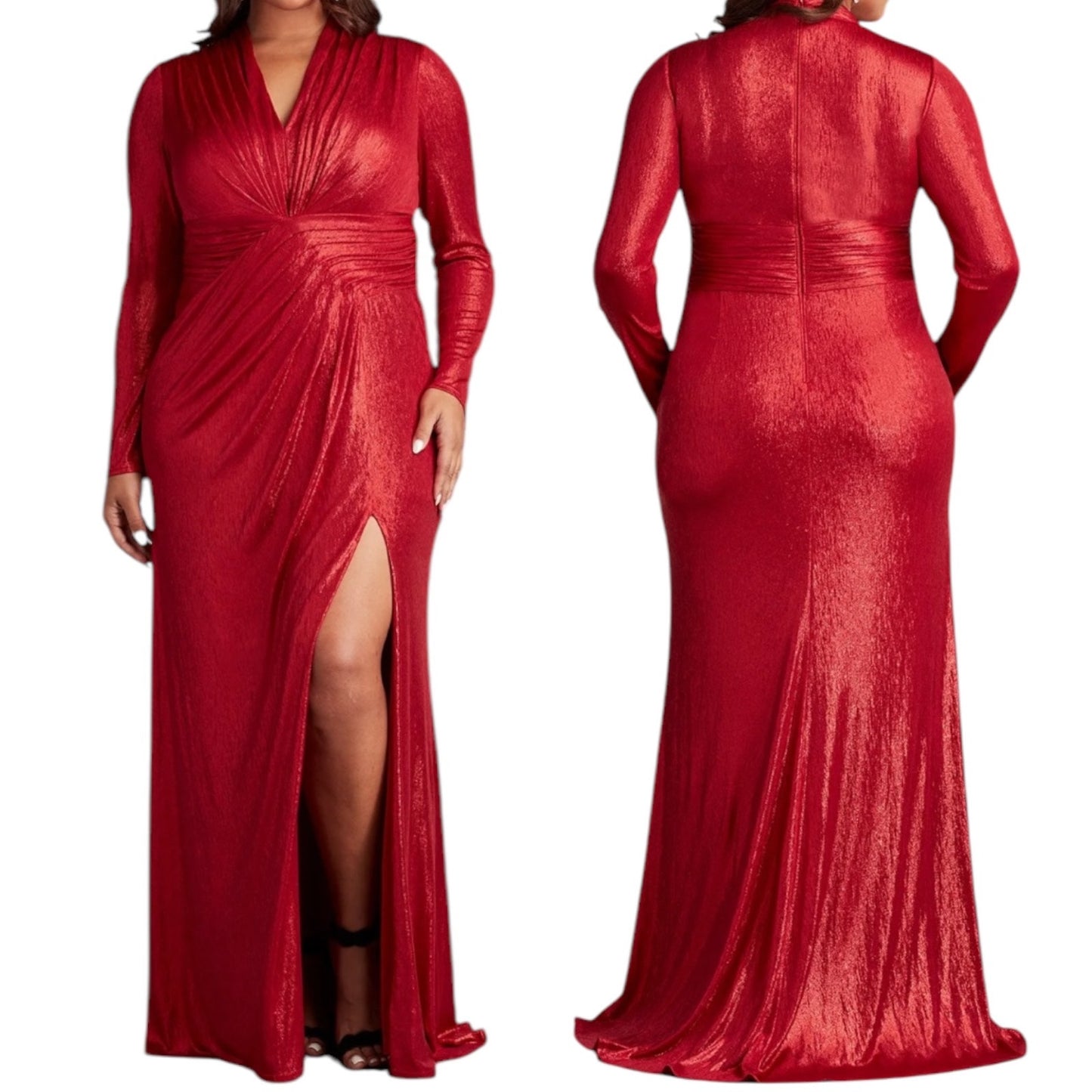 Tadashi Shoji Metallic Long Sleeve Evening Gown Deep Red Size XXL
