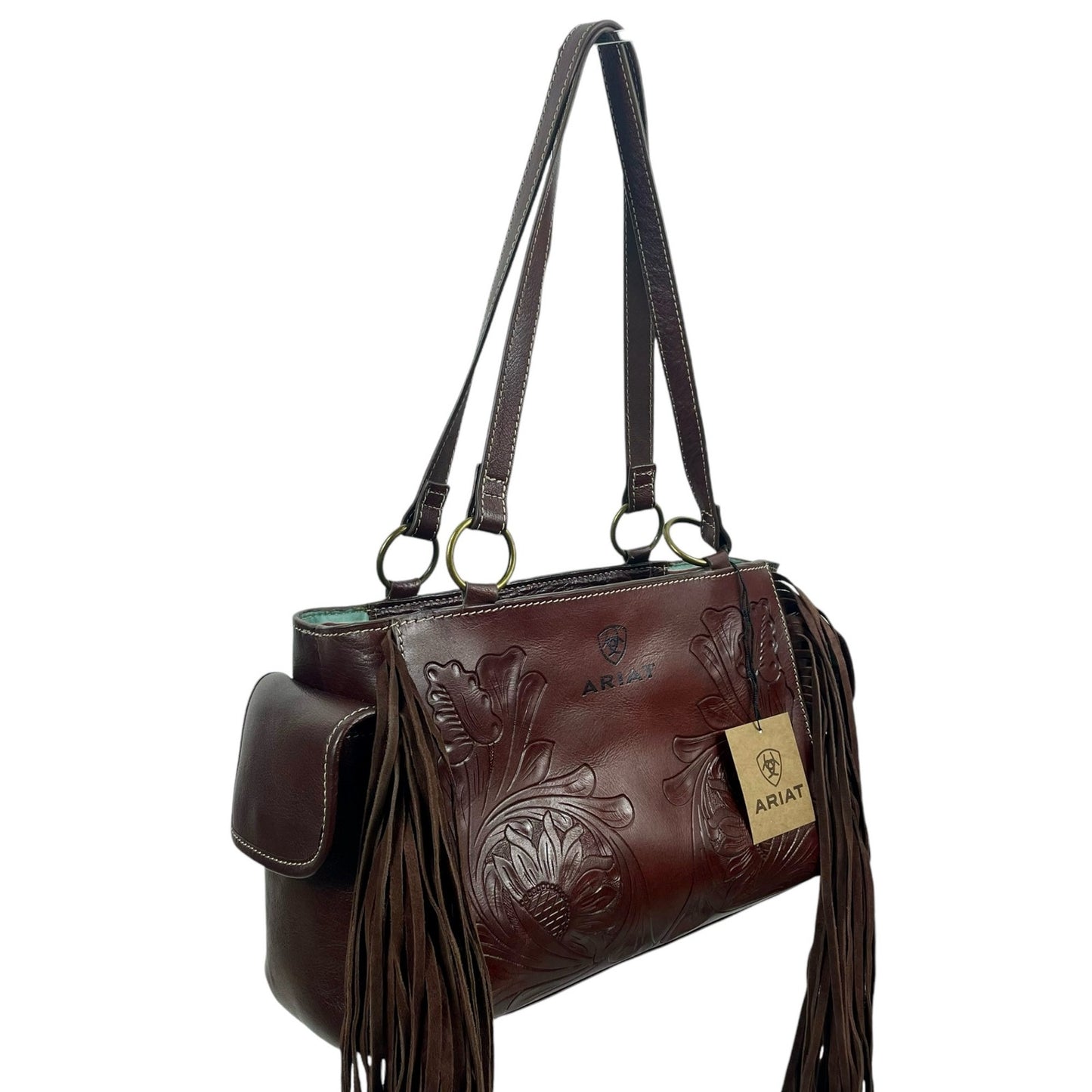 Ariat Victoria Floral Tooled Leather Fringed Shoulder Bag Brown