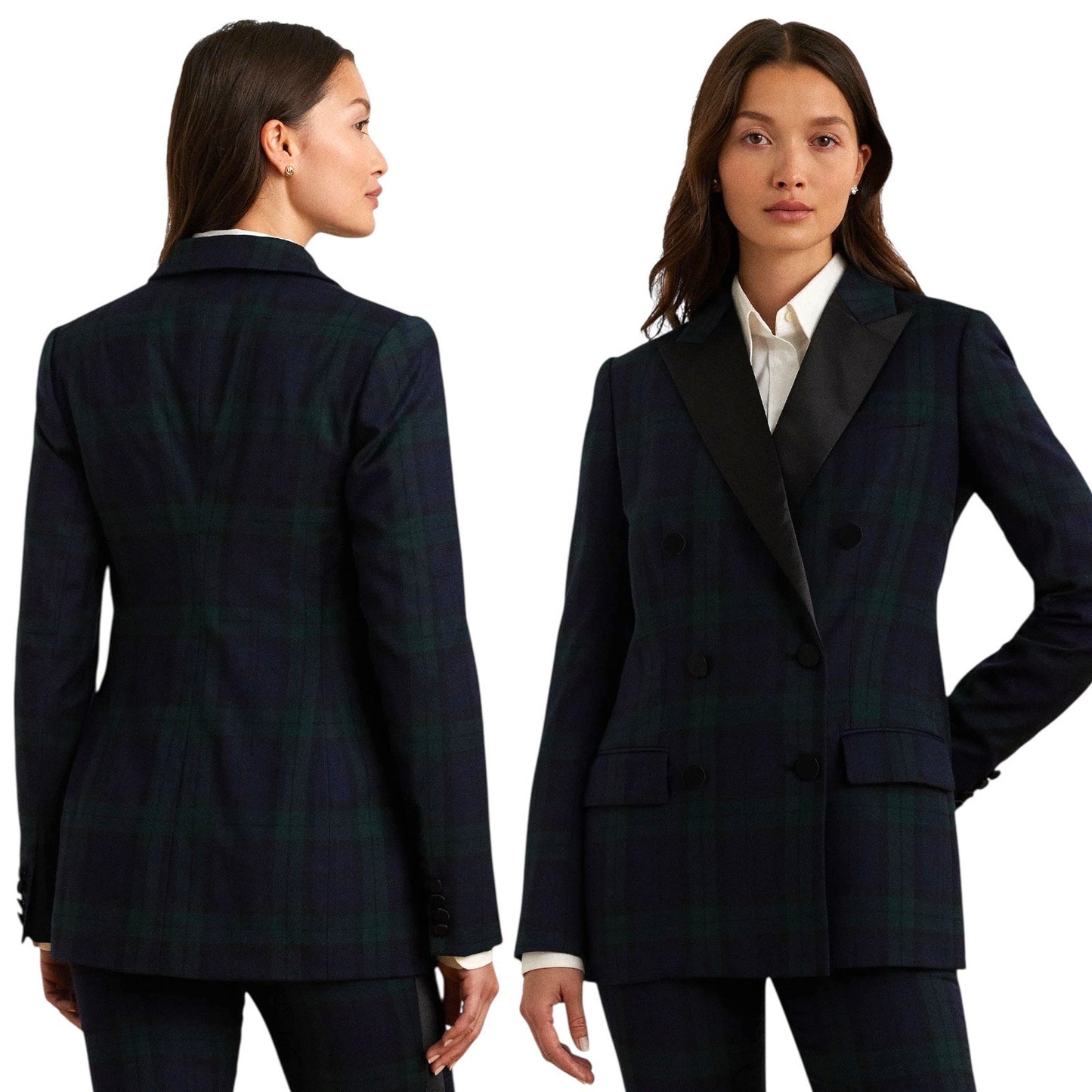 Lauren Ralph Lauren Plaid Double Breasted Satin Trim Blazer Size 2