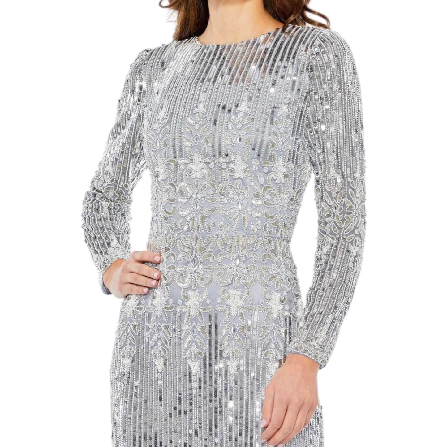 Mac Duggal Embellished Long Sleeve Midi Dress Platinum 5576 Size 20