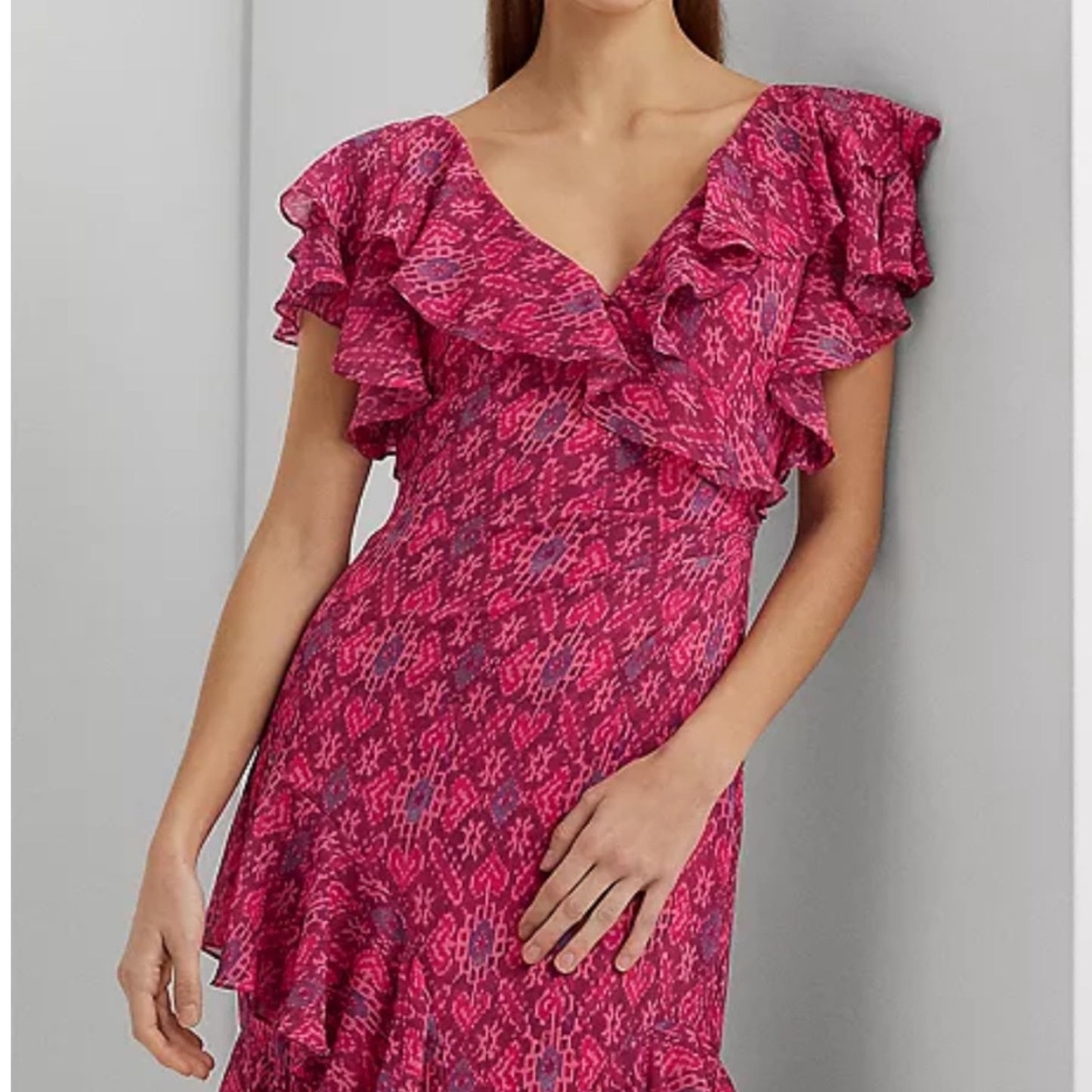 Lauren Ralph Lauren Geo Print Ruffle Trim Georgette Gown Pink Size 10