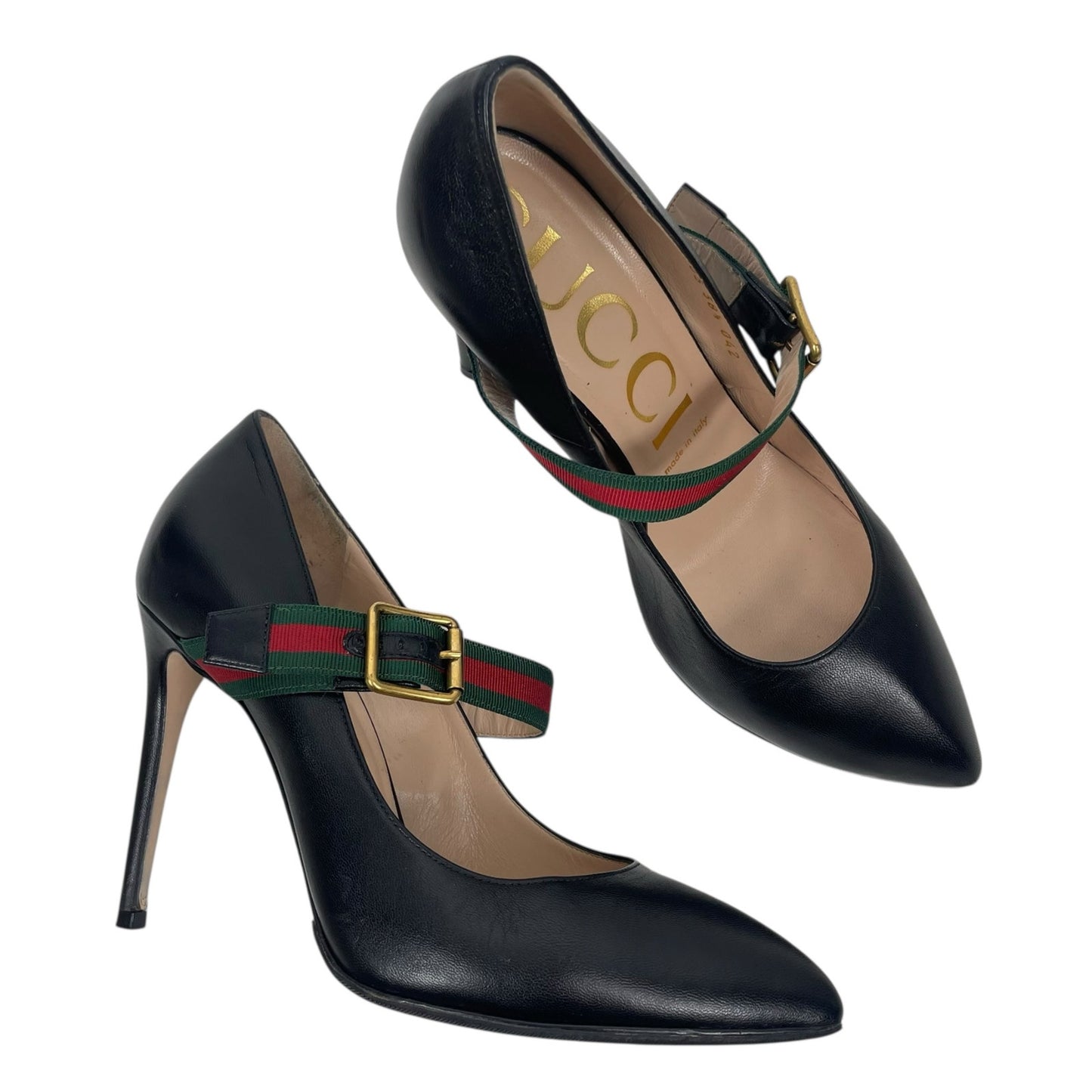 Gucci Malaga Kid Sylvie Mary Jane Web Pumps Black Leather Size 38.5