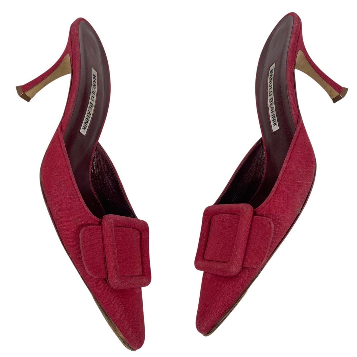 Manolo Blahnik Maysale 70mm Red Buckle Mules Fabric Size 40 Hailey Bieber