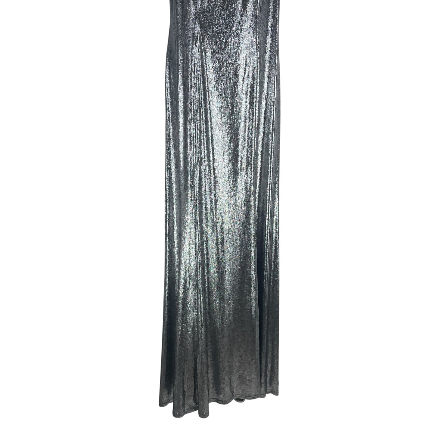 Tadashi Shoji Copley Shoulder Drape Lame Gown Silver Steel Size XL