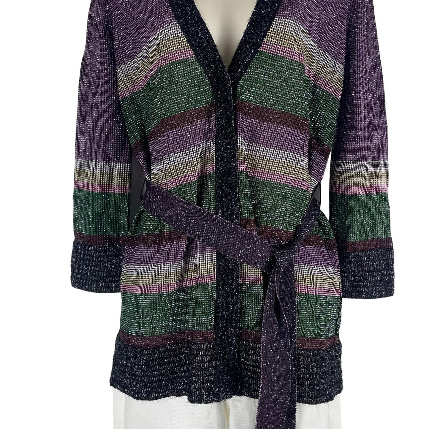 M Missoni Metallic Striped Cardigan Color Block Belt Tie Size 6