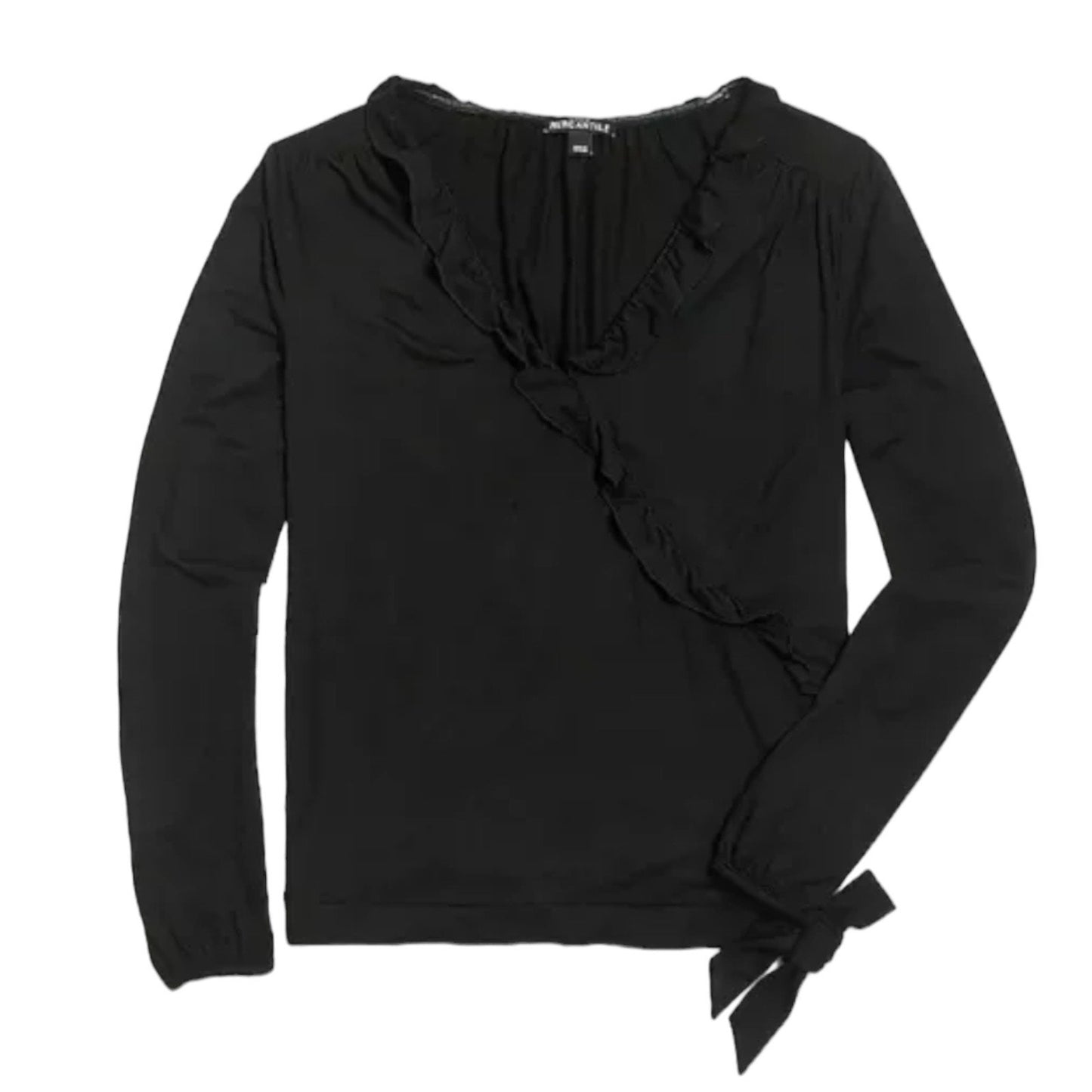 J. Crew Mercantile Ruffle Trim Faux Wrap Side Tie Top Black Size S