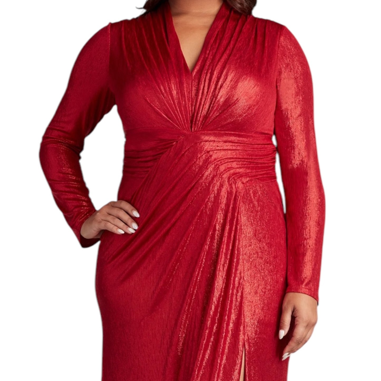 Tadashi Shoji Metallic Long Sleeve Evening Gown Deep Red Size XXL
