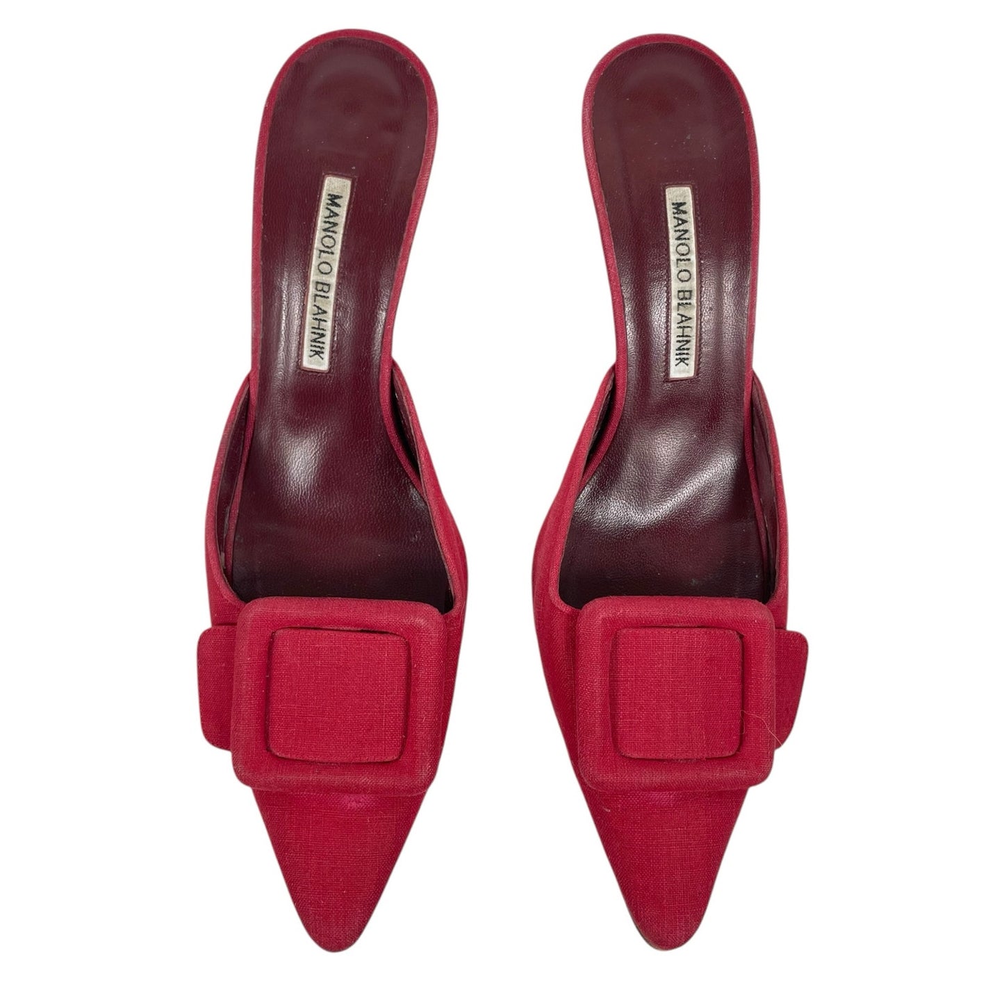 Manolo Blahnik Maysale 70mm Red Buckle Mules Fabric Size 40 Hailey Bieber