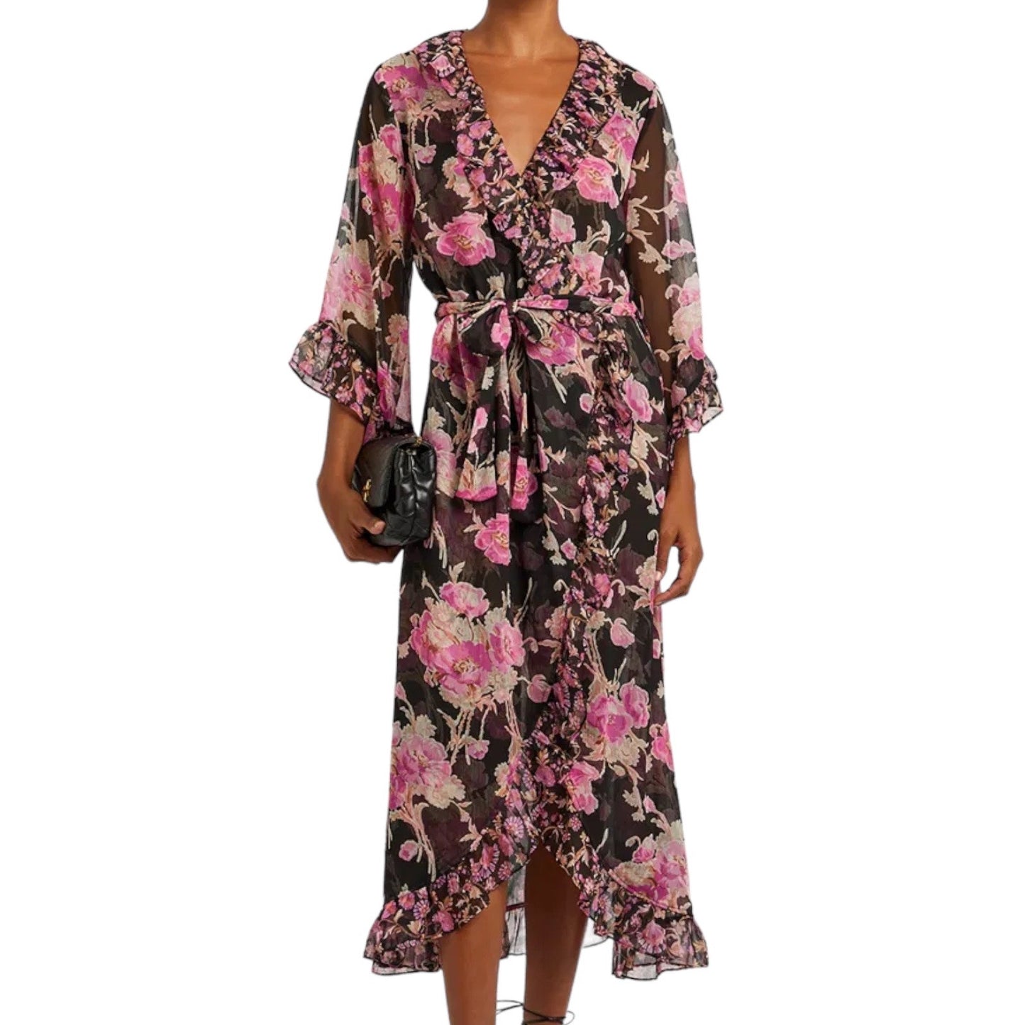 MISA Los Angelos Naia Floral Print Chiffon Wrap Midi Dress Size XS
