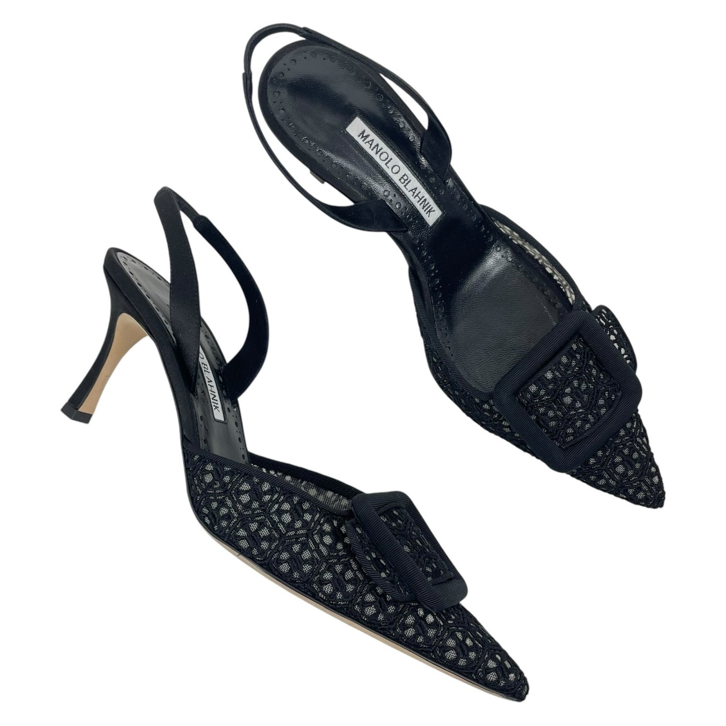 Manolo Blahnik Maysli 70 Lace Satin Slingback Mules Pumps Black Size 37.5