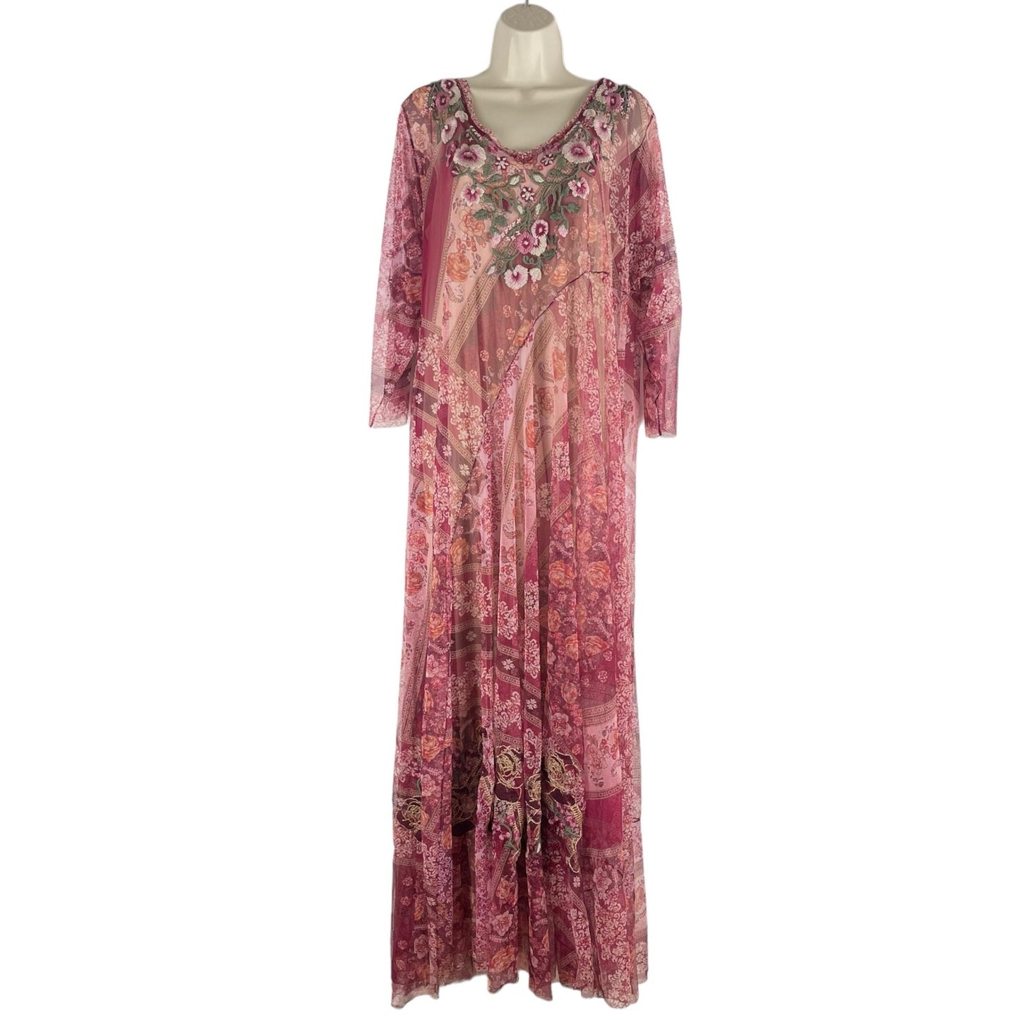 Johnny Was BIYA Cardinal Mesh Maxi Dress Floral Embroidery Red Size XL