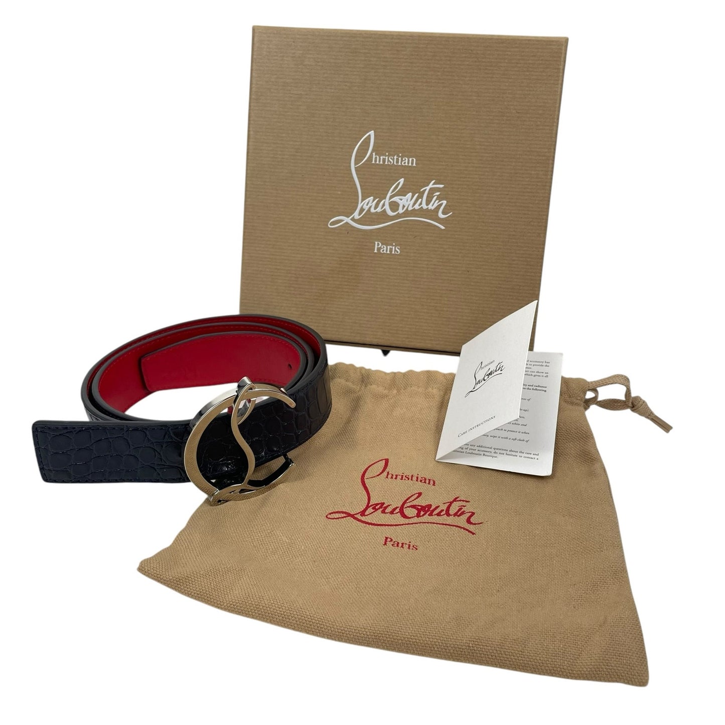 Christian Louboutin CL Logo Crocodile Reversible Leather Belt Blue Size 85/34