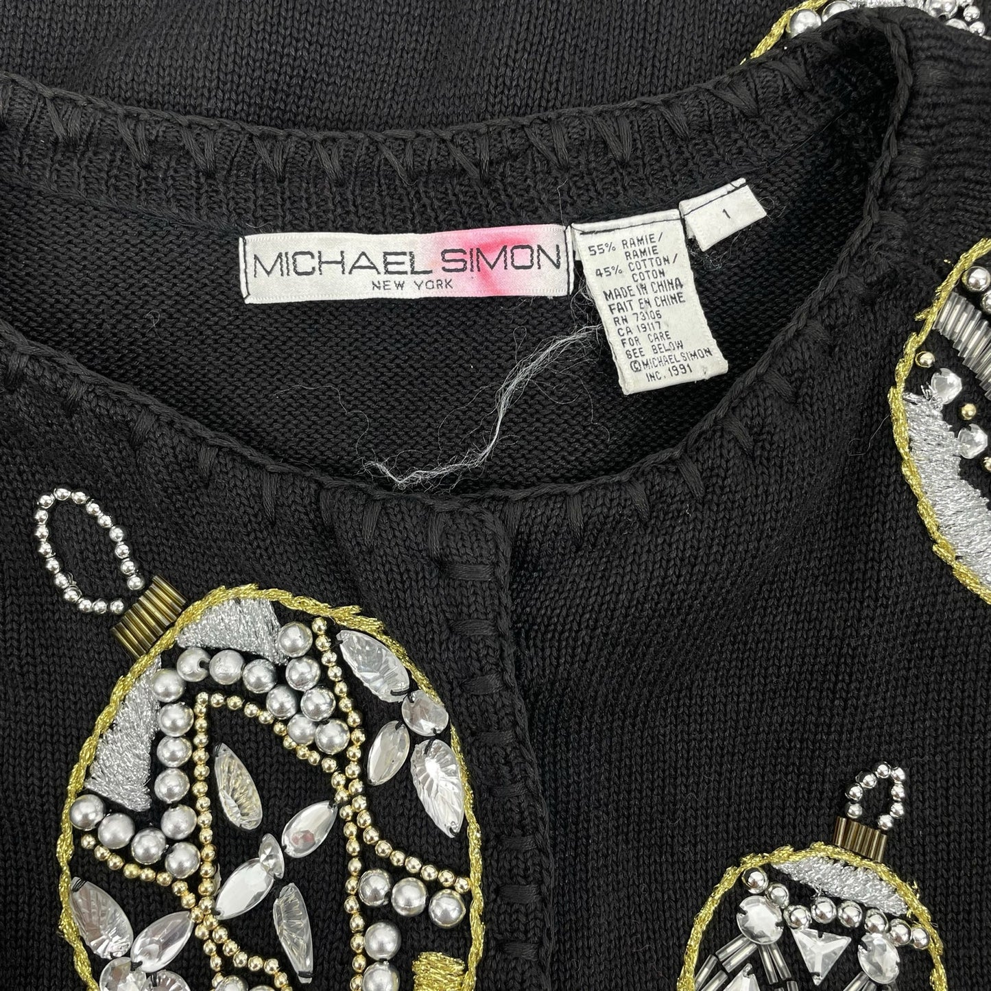 Michael Simon 1991 Christmas Ornaments Cardigan Black Ugly Sweater Size M