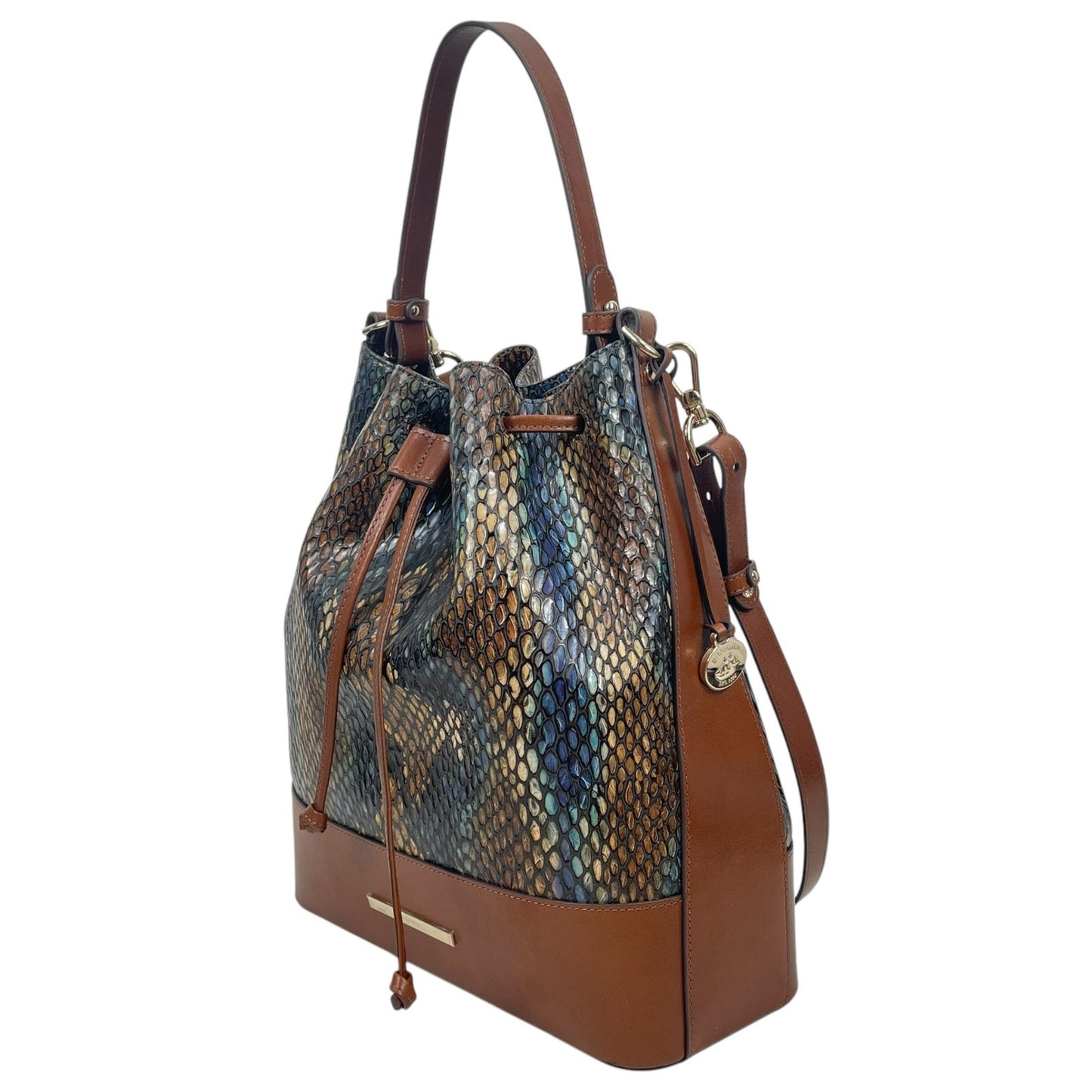 Brahmin Marlowe Embossed Leather Bucket Bag Bottle Blue Fletcher