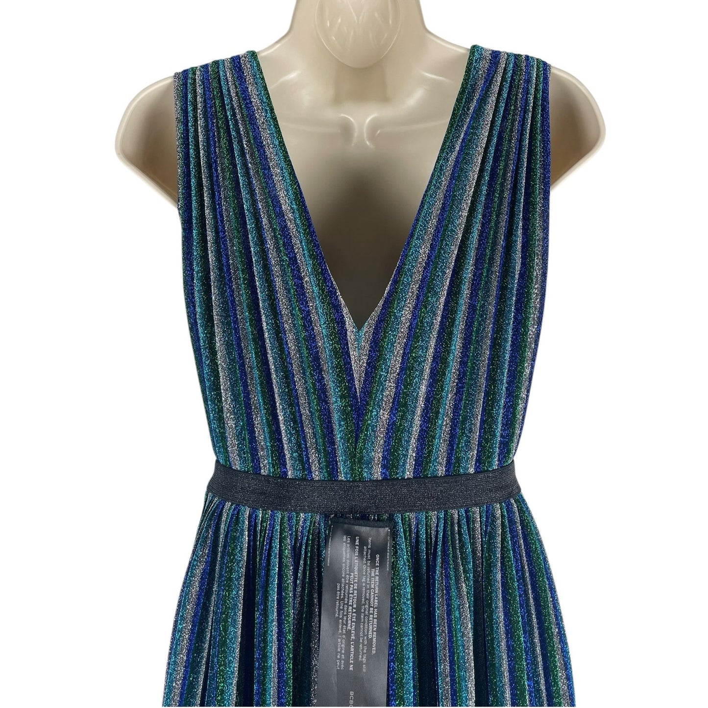 BCBGMaxAzria Metallic Striped Pleated Evening Gown Green Blue Size XXS