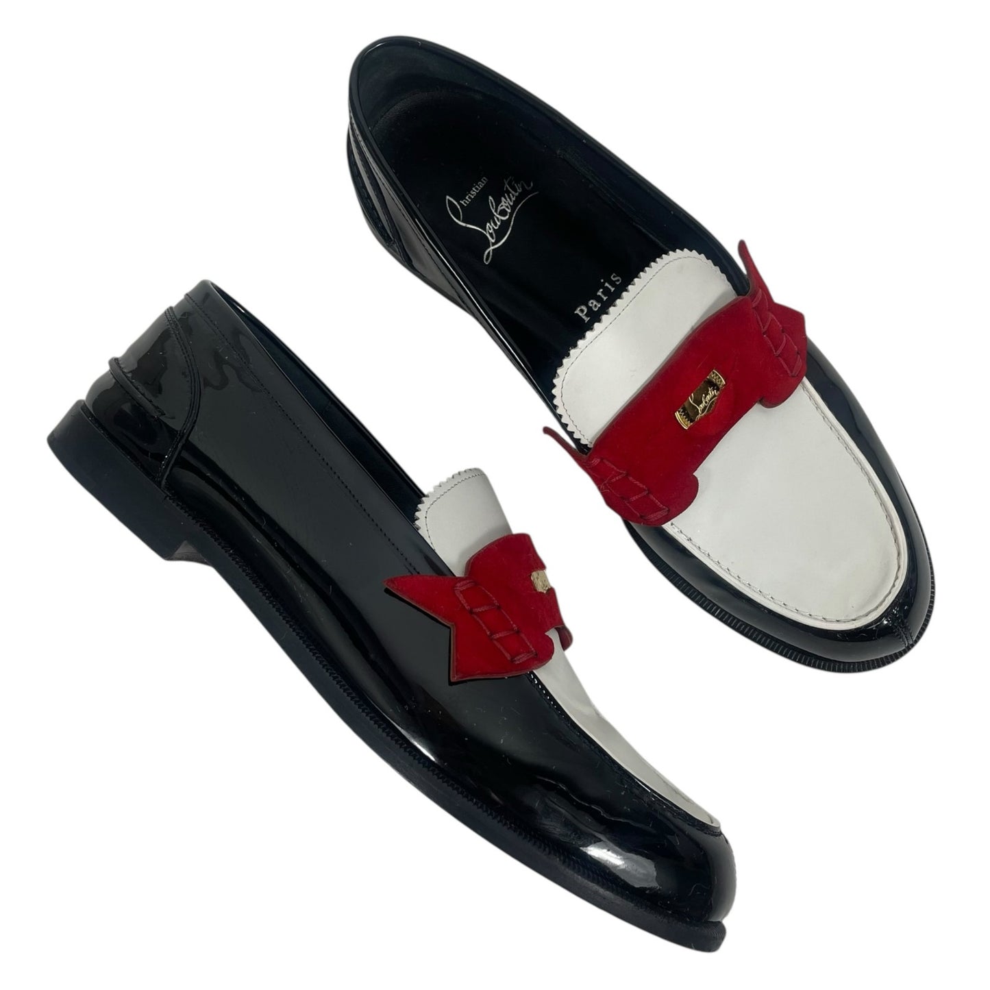 Christian Louboutin Donna Penny Loafer Patent Leather Black White Size 38