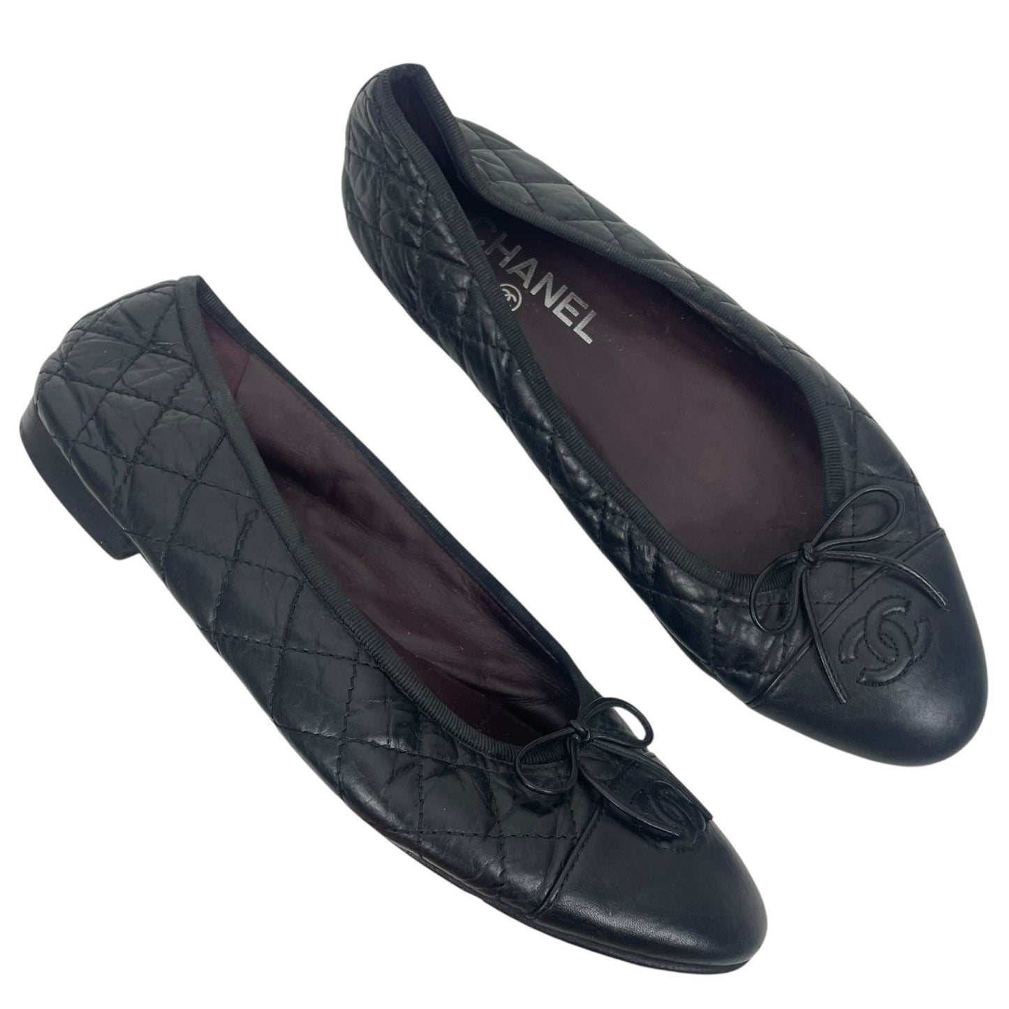 Chanel Cap Toe CC Logo Bow Quilted Leather Ballet Flats Black Size 40