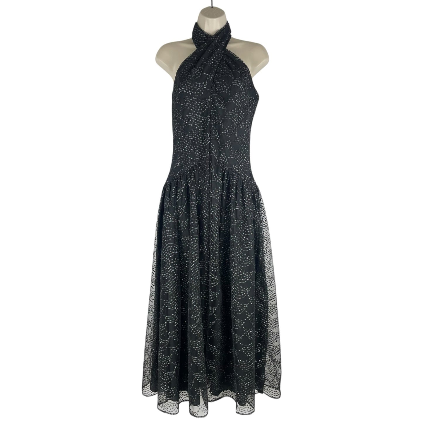Shoshanna Olivia Metallic Scallope Mesh Halter Neck Black Dress Size 2