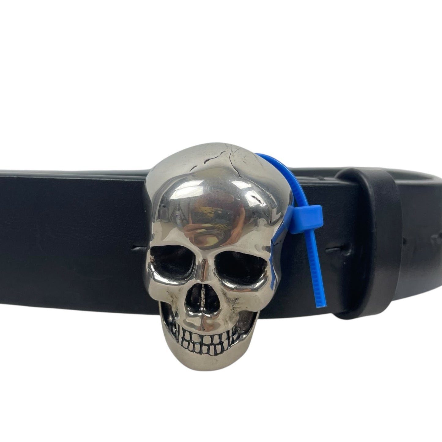 Alexander Mcqueen 3D Skull Black Leather Belt Silver Bucklet Size 90/36
