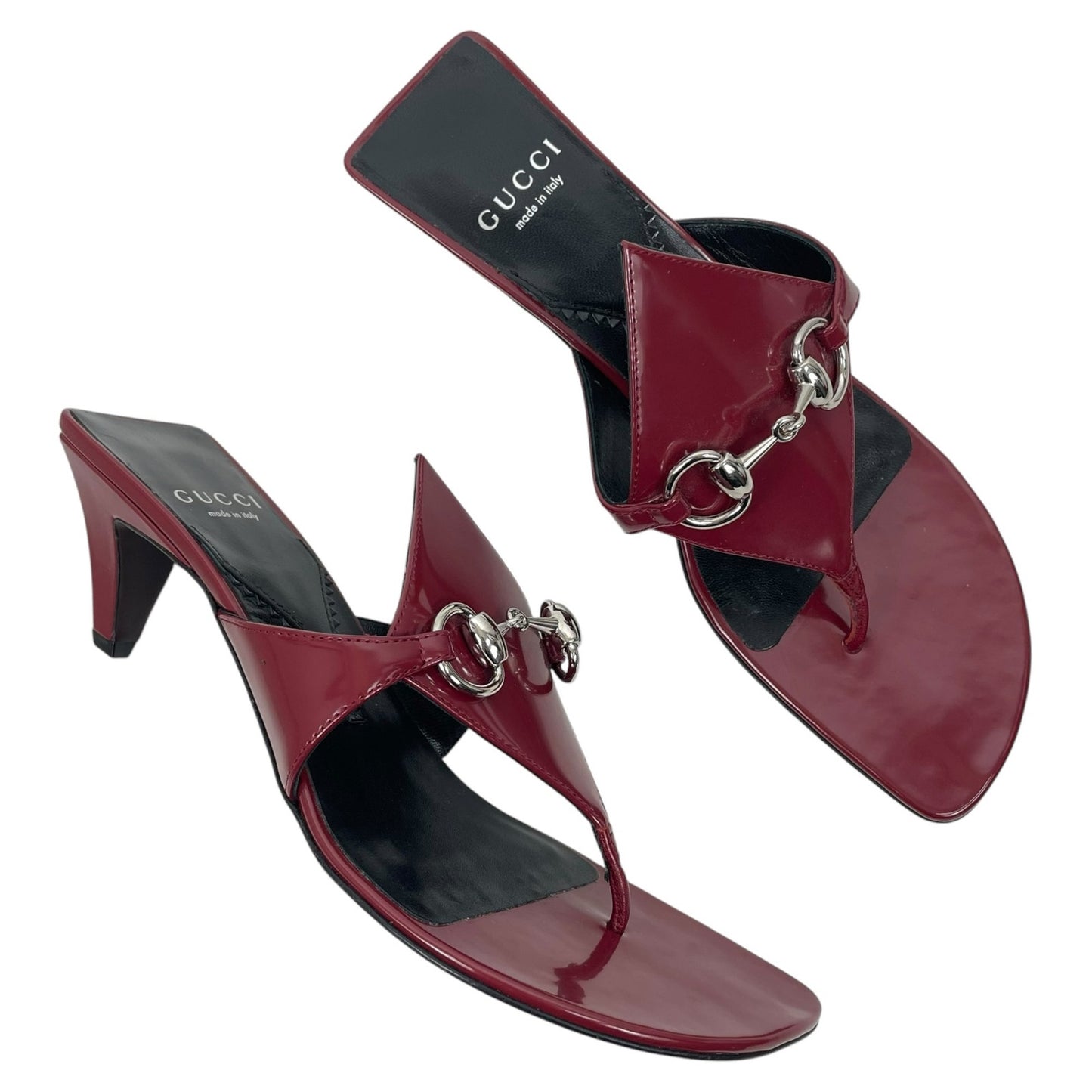 Gucci Mariame Horsebit Leather Thong Sandals Kitten Heel Red Size 36.5
