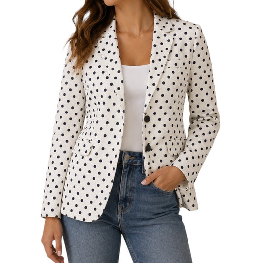 J. Crew Linen Schoolboy Blazer Jacket in Polka Dots White Navy Size 6