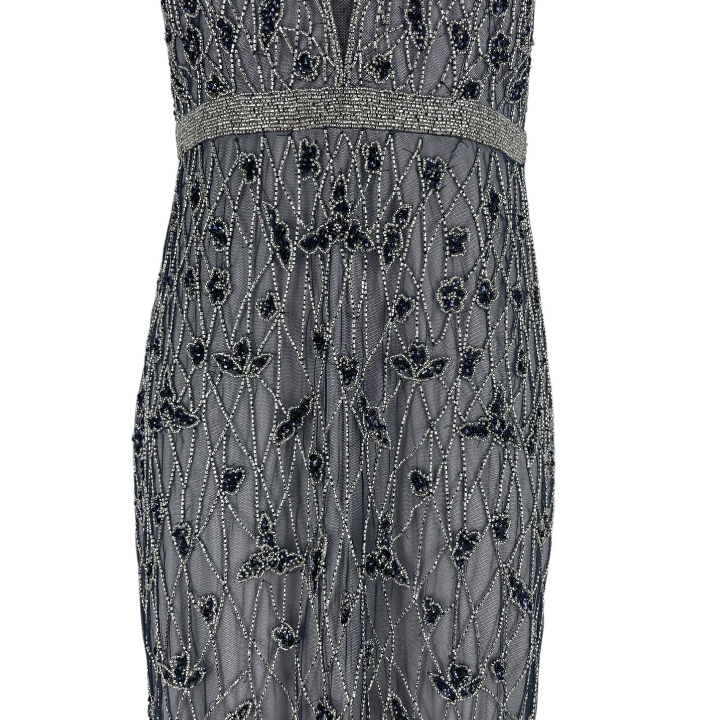 Adrianna Papell Embellished Column Gown Formal Dress Blue Silver Size 2