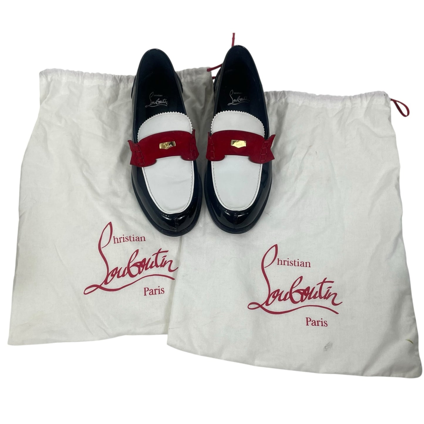 Christian Louboutin Donna Penny Loafer Patent Leather Black White Size 38