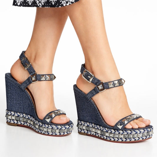 Christian Louboutin Lame Lux Pyraclou 110 Denim Wedge Sandal Blue Size 41