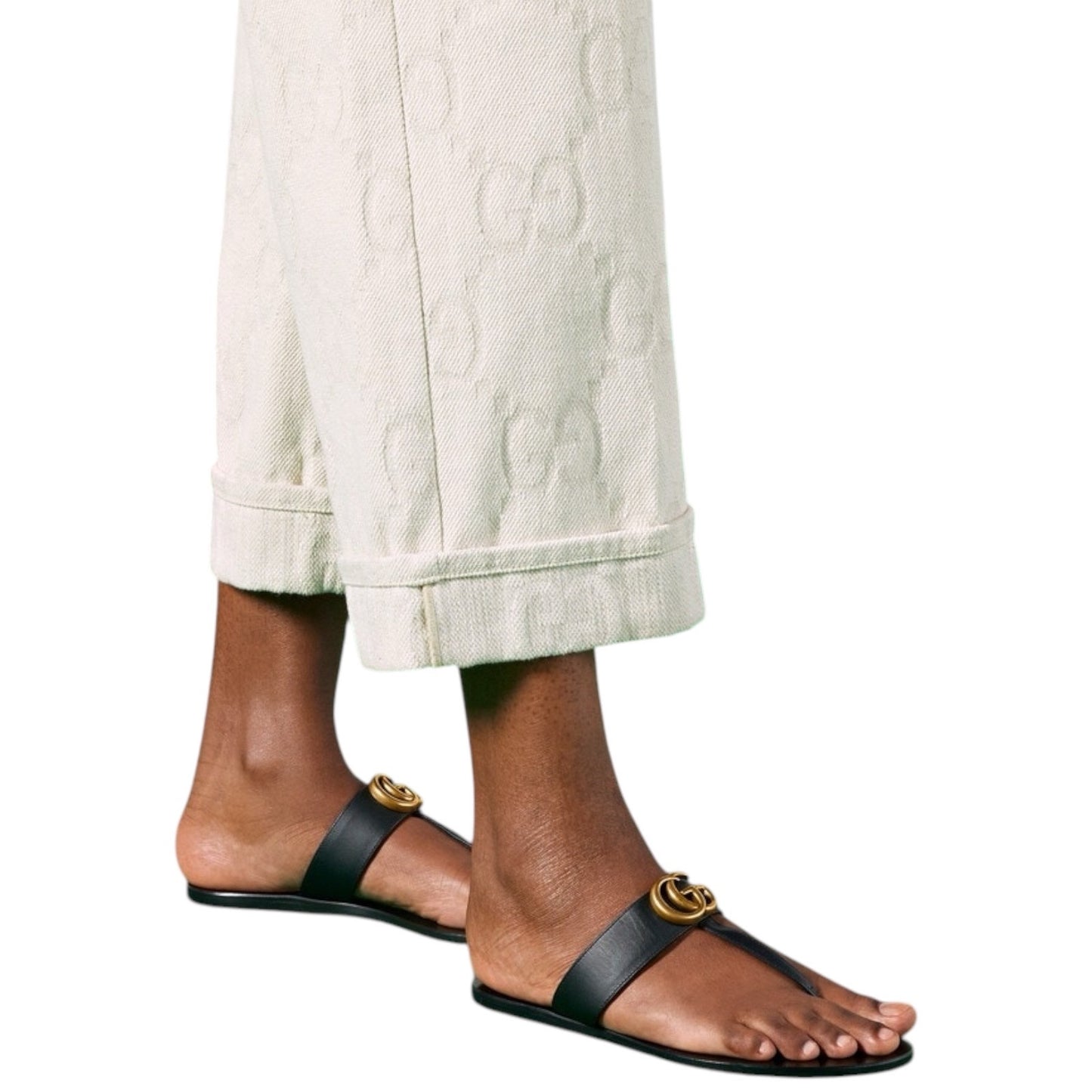 Gucci Leather Thong Sandals Double G Logo Black Gold Size 40.5