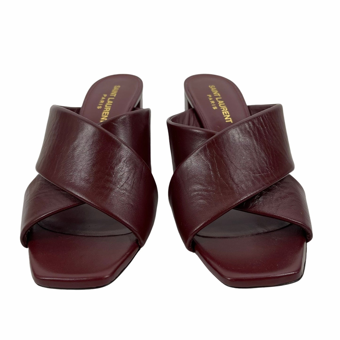 Saint Laurent Lou Lou Leather Slide Sandals Block Heel Deep Red Size 37