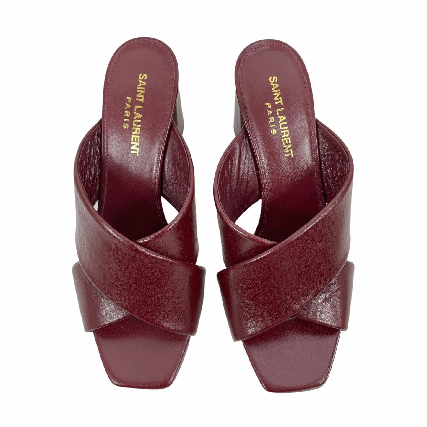 Saint Laurent Lou Lou Leather Slide Sandals Block Heel Deep Red Size 37