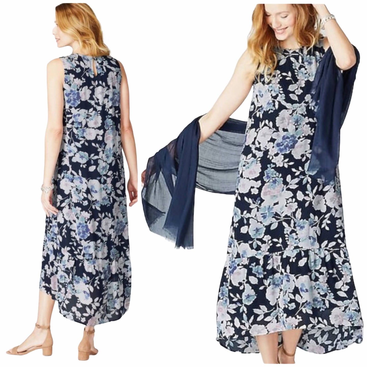 J. Jill Floral Printed Gauze Ruffle Hem Midi Dress Navy Blue Size XSP