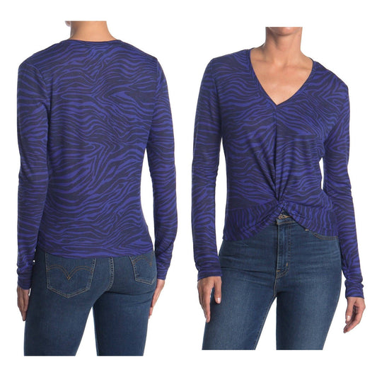 David Lerner Tiffany V Neck Knotted Top Animal Print Blue Size XS