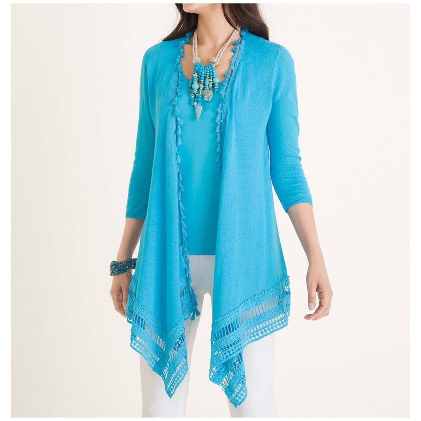 Chico's Linen Blend Tassel Trim Open Front Cardigan Lace Hem Size XLP