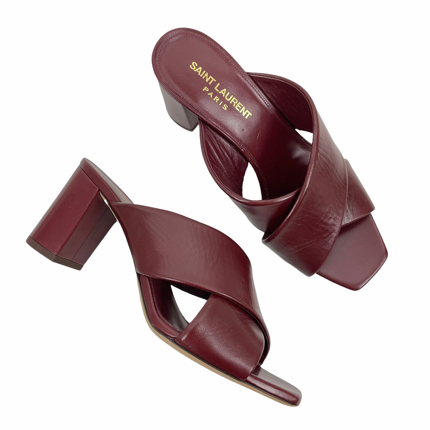 Saint Laurent Lou Lou Leather Slide Sandals Block Heel Deep Red Size 37