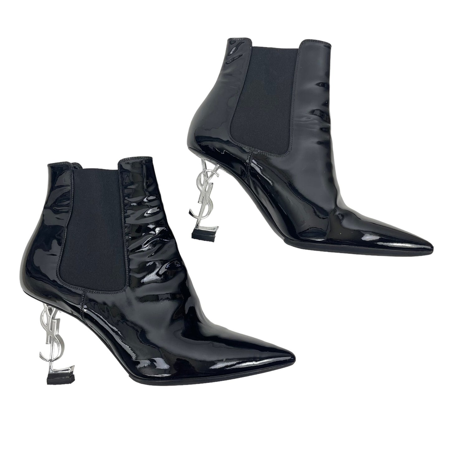 Saint Laurent Opyum Logo Heel Boots Patent Leather Black Size 39