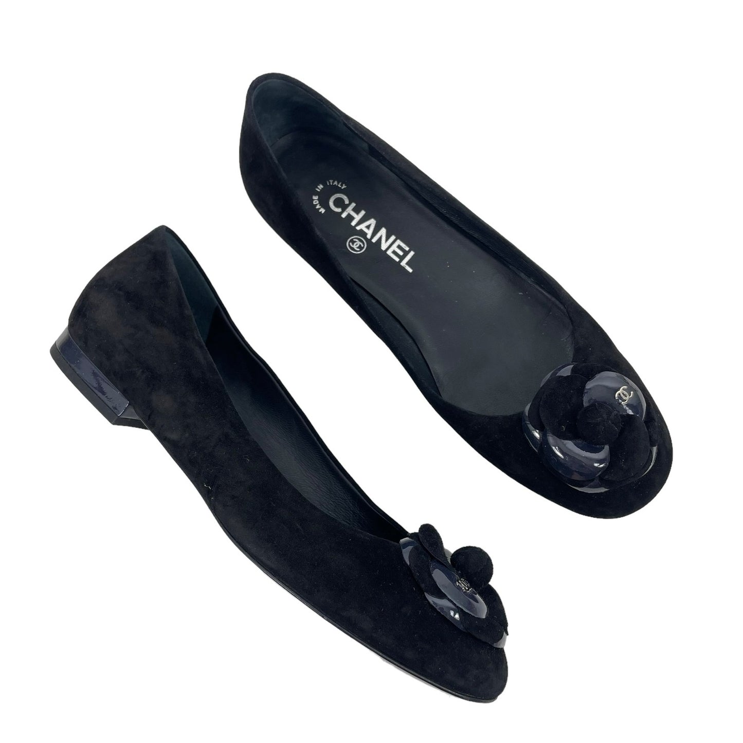 Chanel Black Suede Camellia CC Logo Ballet Flats Slip On Size 38C