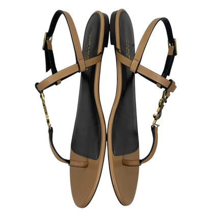 Saint Laurent Cassandra Logo Leather Slingback Thong Sandal Tan Size 38