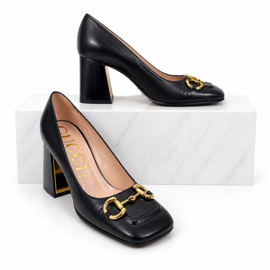 Gucci Horsebit Square Toe Leather Pump Block Heel Black Gold Size 41