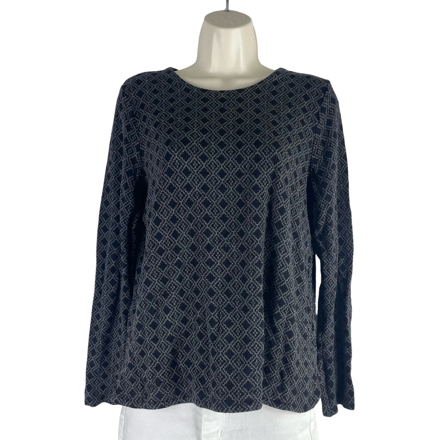 J. Jill Ponte Geometric Printed Long Sleeve Casual Top Black Gray Size S