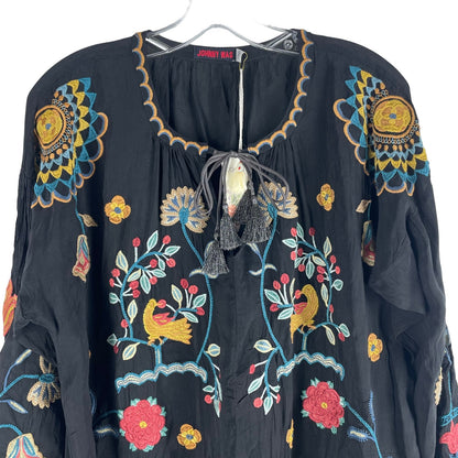 Johnny Was Mayson Floral Embroidered Tunic Top Black Size L