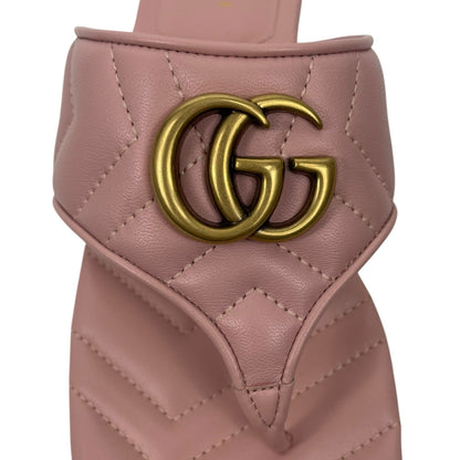 Gucci GG Logo Marmont Leather Thong Flat Sandals Pink Gold Size 37.5