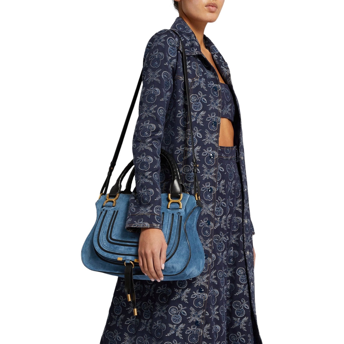 Chloe Small Marcie Double Carry Bag Satchel Suede Leather Trim Blue