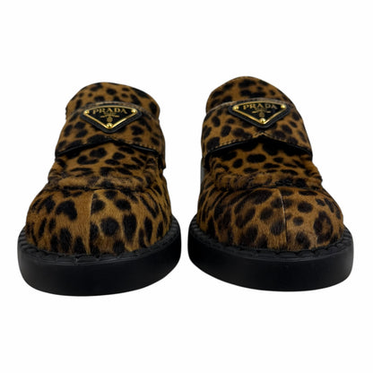 Prada Enamel Triangel Logo Leopard Printed Leather Loafer Brown Size 38.5