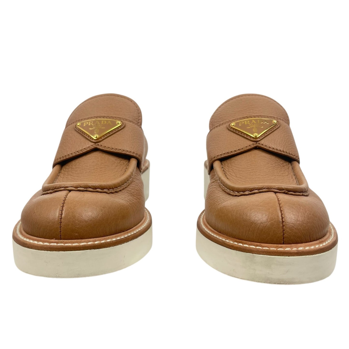 Prada Triangle Logo Pebble Leather Platform Loafer in Brown Size 37.5