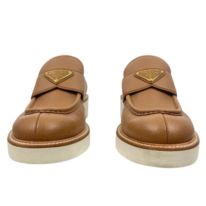 Prada Triangle Logo Pebble Leather Platform Loafer in Brown Size 37.5