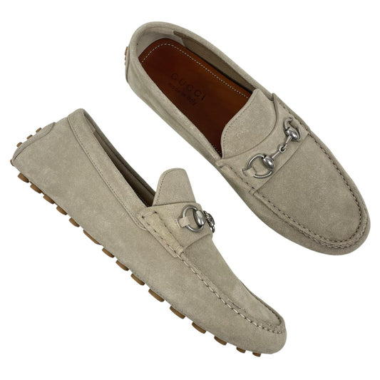 Gucci Horsebit Suede Driver Loafers Moccasin Oatmeal Beige Size 8 US 8.5