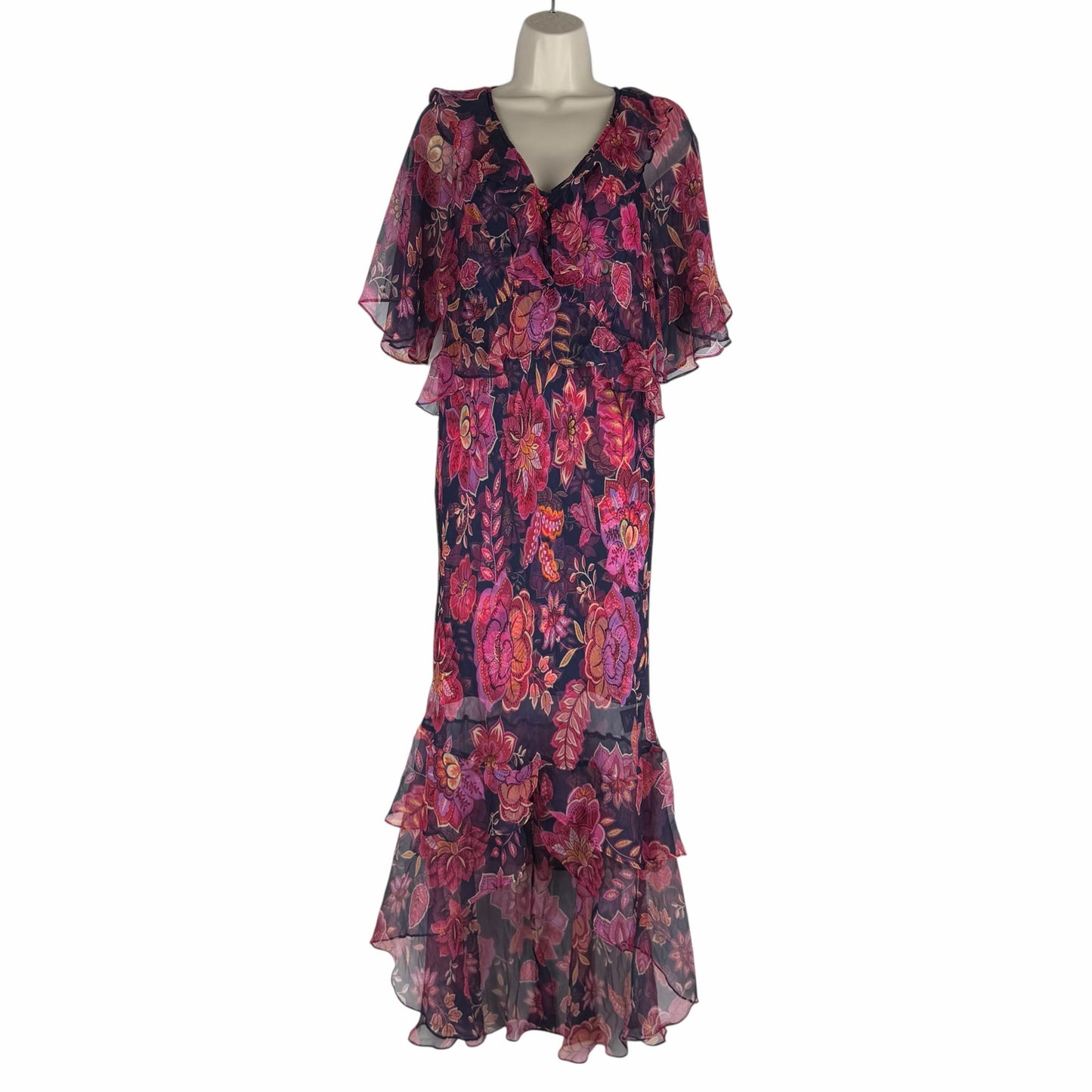 Johnny Was Jade Luxee Floral Silk Ruffle Maxi Dress Petria Pink Size XS