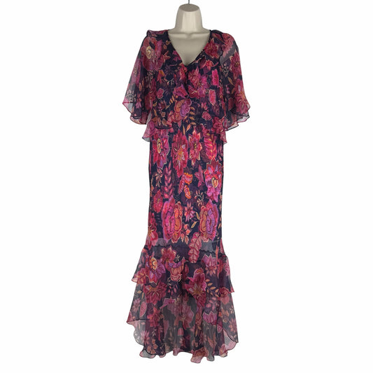 Johnny Was Jade Luxee Floral Silk Ruffle Maxi Dress Petria Pink Size XS