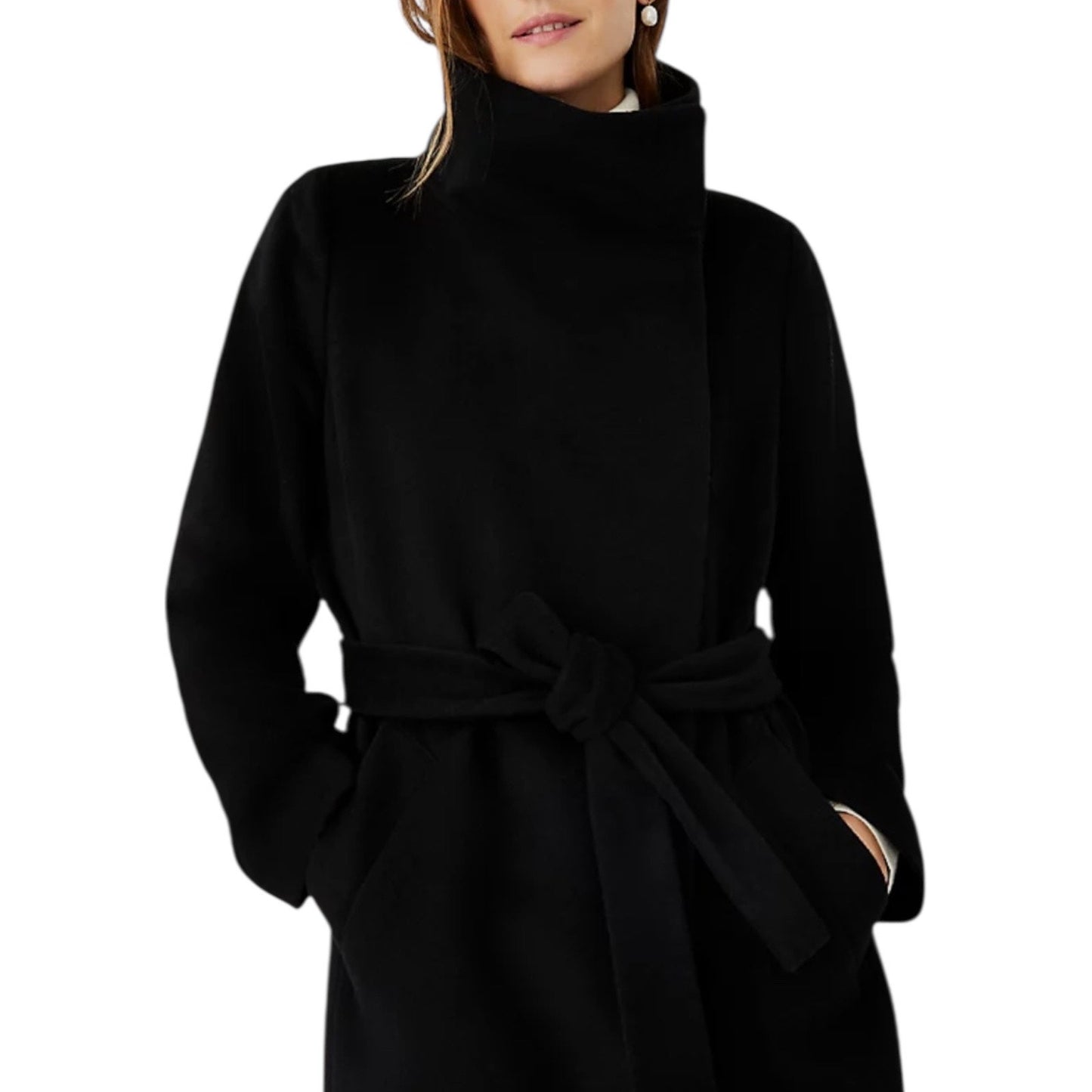 Ann Taylor Funnel Neck Wool Blend Belted Coat Black Size XSP